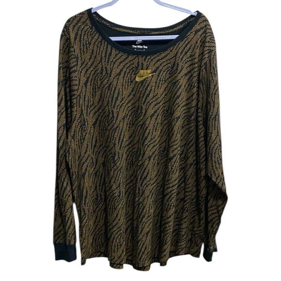 Nike Tee Long Sleeve 3X Gold Print Black Star Animal Print Cotton Oversized - Picture 1 of 15